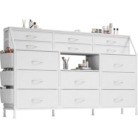 Commode à 14 Tiroirs Rétro 100cm, Tissu Respirant, Pieds Réglables, Prise USB & AC Intégrée, Rangement Multifonctions, Blanc