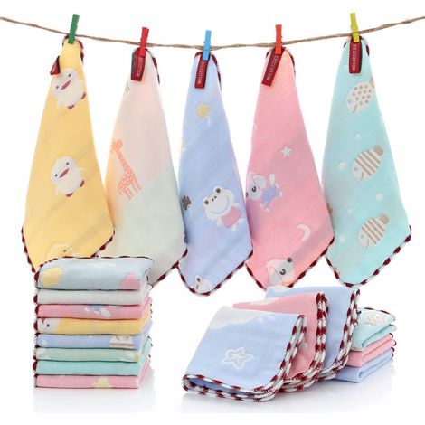10 serviettes carrées bébé, 26 x 26 cm, bambou 70 % + coton 30 %, surjet aléatoire, multifonctionnelles (1/4)