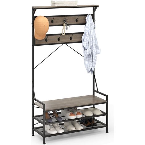 COSTWAY Coat Rack 4-In-1 Hall Tree with 11 Hanging Hooks & Shoe Bench-Gray (1/5)