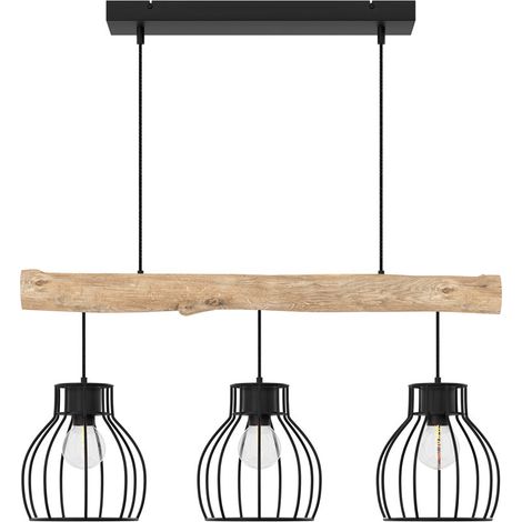 Lámpara colgante de 3 luces en madera de eucalipto y metal negro - Abby (1/4)