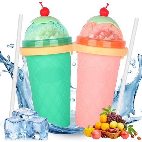 Lot de 2 gobelets à granité à faire soi-même, gobelets en silicone à presser avec paille et cuillère 2-en-1, gobelet malaxeur pour smoothies, coupes à glace, à faire soi-même (1/5)