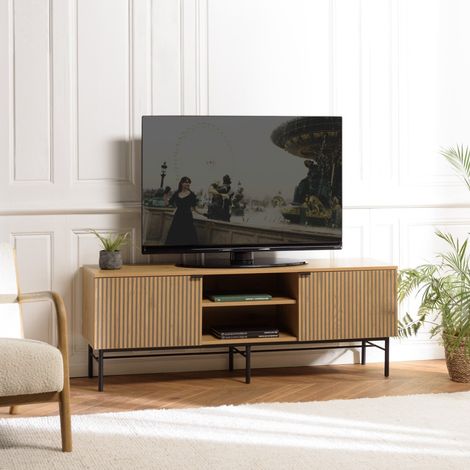 SCOTT - Meuble TV 2 portes 2 niches bois effet rainuré noir/beige (1/5)