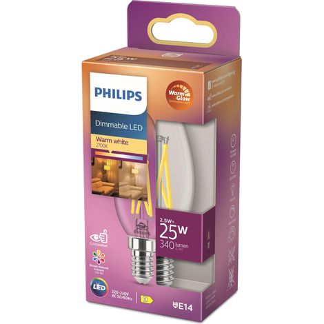 ampoule LED Flamme E14 25W Blanc Chaud Claire Compatible Variateur, Verre (1/5)