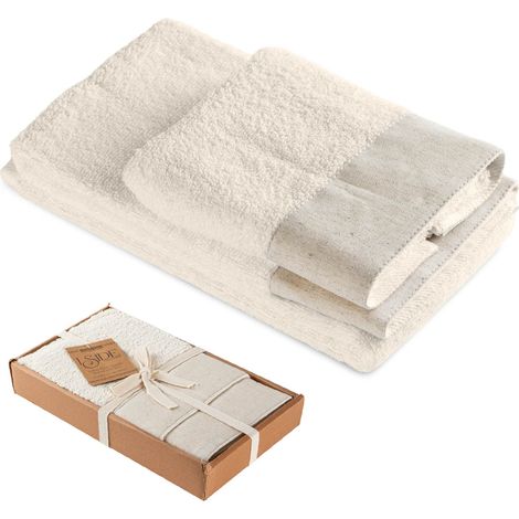 Set Asciugamani Bagno 2 Pezzi con Balza in Lino – Salvietta + Ospite – Morbidi, Super Assorbenti e Delicati sulla Pelle – Certificati OEKO-TEX – Eleganti e Resistenti  Panna (1/5)