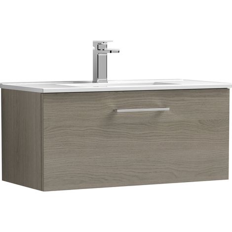Nuie Arno Solace Oak Woodgrain 800mm Wall Hung Single Drawer Vanity Unit and Thin Edge Ceramic Basin - ARN2525D (1/5)