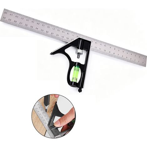 Équerre Combinée, Outils de Menuiserie Carrée en Acier Inoxydable de 12'/300 mm, Règle de 45/90 Degrés avec Niveau à Bulle (1/5)