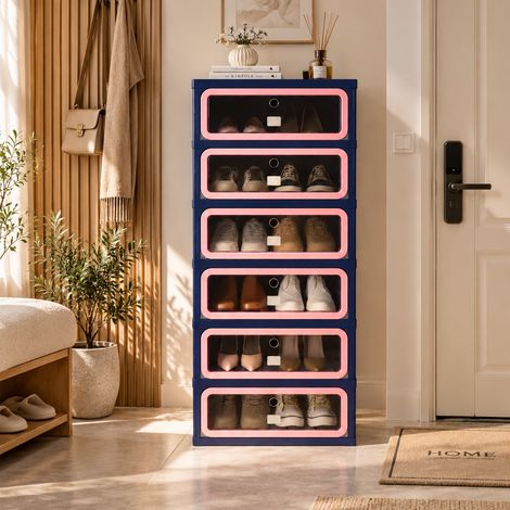 Zapatero plegable 45×34×106 cm – 6 niveles, puertas transparentes – sin montaje – plástico, moderno (1/5)
