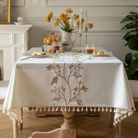 Nappe rectangulaire en coton et lin, imperméable et lavable, style campagnard, 140 x 178 cm (beige) (1/5)