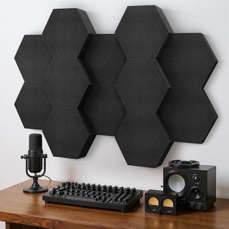 Lot de 12 panneaux acoustiques hexagonaux en mousse acoustique de 4 cm et 7 cm d'épaisseur pour studio d'enregistrement, studio de musique, bureau et salle de jeu, panneaux acoustiques noirs (1/5)