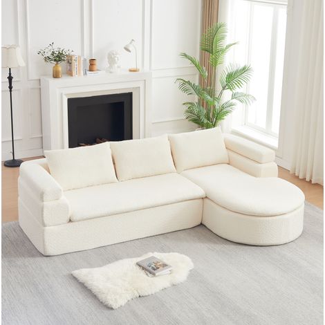 Ecksofa in L-Form aus Chenille Beige mit Chaiselongue und 3 Rückenkissen (1/5)