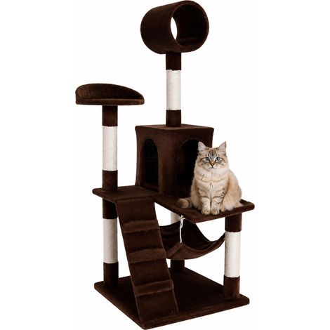 lionto Kratzbaum, stilvoller 133 cm Katzenbaum mit Plüschbezug, robusten Sisalstämmen & vielseitigen Liegeflächen, braun (1/5)