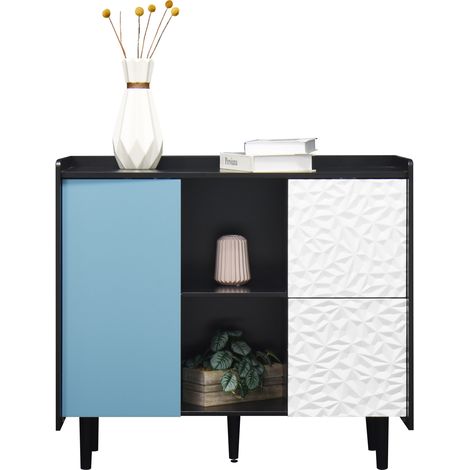 Buffet de rangement noir et bleu avec 2 tiroirs, niche ouverte et placard fermé, meuble moderne pour cuisine, salle à manger ou salon, 40 x 90 x 80 cm CHICFURN (1/5)
