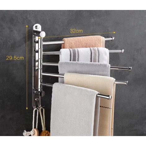 Porte-serviettes mural 5 barres, pivotant à 180°, en acier inoxydable SUS304, 32 cm, pour lavabo de salle de bain ou de cuisine - argent (1/2)