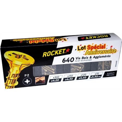 Assortiment de vis à bois ROCKET Pozidriv tête fraisée 4x20 4x30 4x40 5x50 640 pièces