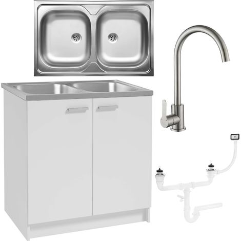 Meuble de cuisine 80x50 - Blanc - Évier 2 bacs - Robinet haut - Pratique et élégant