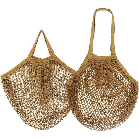 Lot de 2 sacs filet en coton, sacs à provisions réutilisables et écologiques, sacs au crochet pour fruits, courses et rangement, marron (1/5)