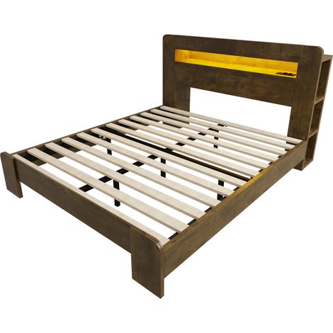 Cama con arcón de madera, cabecero con almacenaje, LED y enchufes, 140 x 200 cm, MODENUIT (1/5)