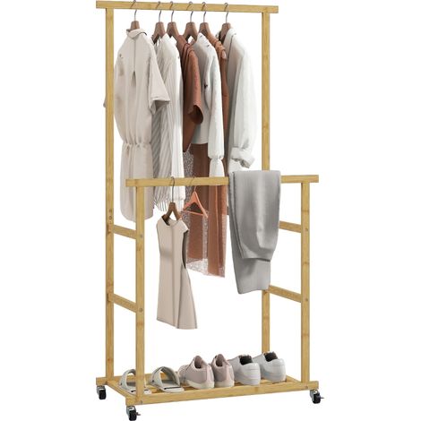 Perchero Colgador de Ropa de Bambú con Ruedas Estante para Zapatos 2 Barras para Colgar 80x40x160 cm Natural (1/5)