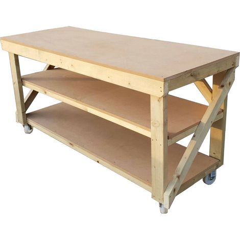 MDF top workbench (H-90cm, D-70cm, L-240cm) double shelf and wheels