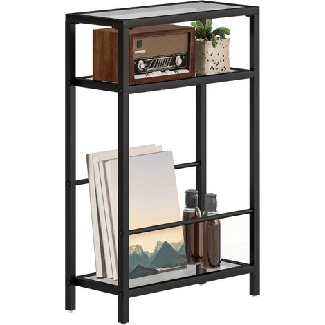 Étagère 3 niveaux en acier noir avec étagères en verre, largeur 18 cm, design moderne et robuste pour votre intérieur. (1/5)