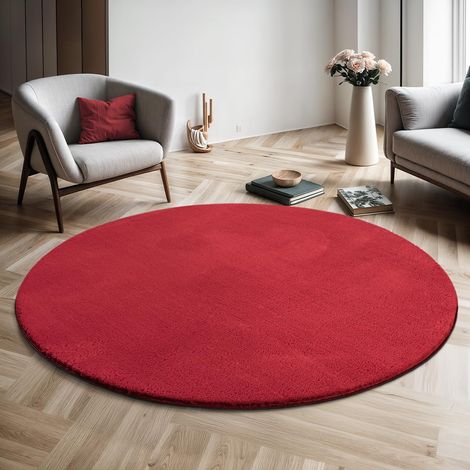 Tapis Moderne Moelleux à Poils Courts, antidérapant, Lavable Jusqu’à 30°C, Super Doux, Aspect Fourrure, pour Salon et Chambre, décoratif, Rouge, 120 cm Rond (1/5)