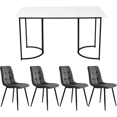 Set tavolo da pranzo 5 pezzi 140x80 cm bianco con 4 sedie in velluto grigio scuro (1/5)