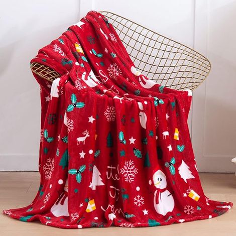 Plaid De Noël - Velours Doux Imprimé Flocon De Neige Et Rennes - 70 x 100 cm - Rouge - Pour Canapé Lit Chambre (1/5)