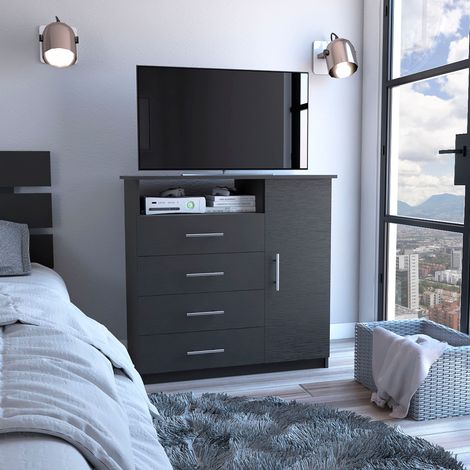 Cómoda con Armario Perú, Multifuncional con 4 Cajones y Superficie para TV , 88.39 cm X 90.93 cm X 45.72 cm , Negro