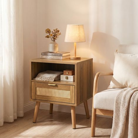 Comodino 45x40x55 cm in MDF e rattan effetto noce con cassetto - MEUBLIV (1/5)