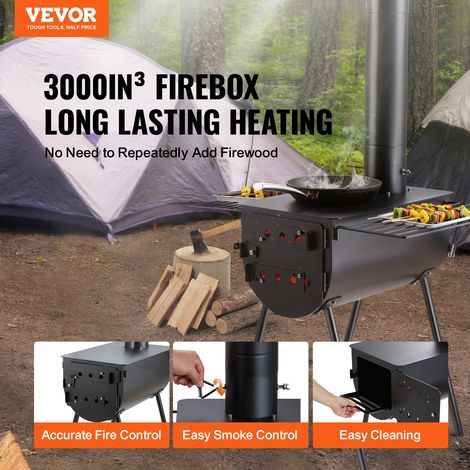 Poêle à bois, 299,7 cm , poêle de tente de camping en acier allié portable avec 8 tuyaux de cheminée et gants, poêle de tente chaud… (1/5)