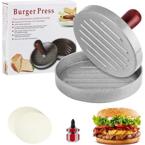 presse à hamburgers, presse à steak haché, presse à burgers, attendrisseur de viande en aluminium pour steaks hachés et barbecue + 100 feuilles de papier silicone (1/5)