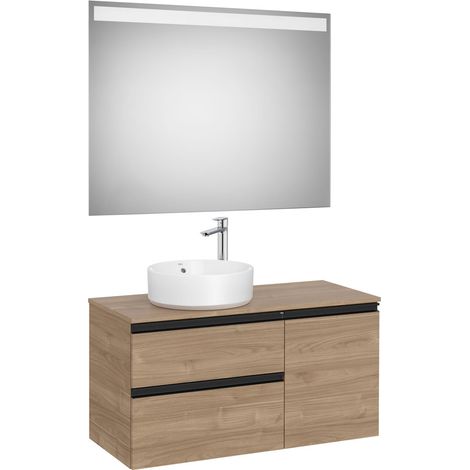 Pack meuble "The gap" 1000 pour vasque à gauche - 2 tiroirs + 1 porte + plan + miroir LED - noyer - Roca (1/2)