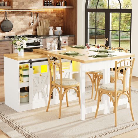 Îlot de cuisine multifonctionnel avec table à manger rotative 360°, éclairage intelligent, meuble d'appoint design moderne, gain de place - Blanc (1/5)