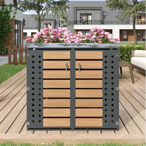 Mülltonnenbox 2 Fächer abschließbar Stahl mit Pflanzkasten OKMYHOME (1/5)