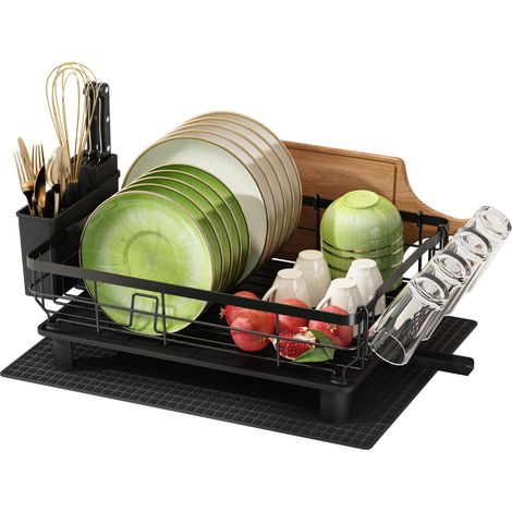 Égouttoir d'évier de cuisine, égouttoir en acier inoxydable avec porte-tasses et porte-ustensiles, égouttoir noir avec bonde automatique-AquaForge (1/5)
