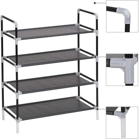 Étagère à chaussures à quatre niveaux, en métal et tissu non tissé, noire. (1/5)