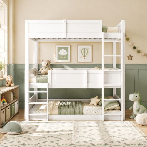 Letto a castello triplo 90 x 200 cm, con sponda di protezione, bianco OKMYHOME (1/5)