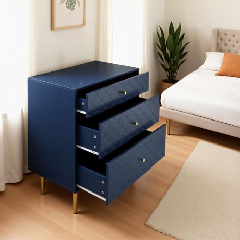 URBAN MEUBLE Commode 3 tiroirs bleu marine avec pieds dorés 75x40x89cm (1/5)