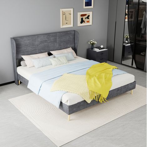 Bett modern gepolstert 160x200 cm, Metallgestell und grauer Stoff, mit weichem Kopfteil (1/5)