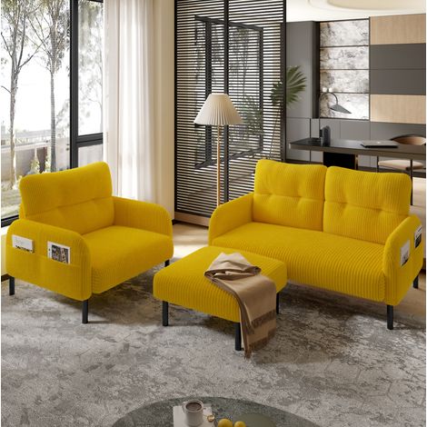 Sofa Set (120 x 75 x 79 cm), 3 teilig, mit Seitentasche, ergonomischer Rückenlehne, Cord, Gelb (1/5)