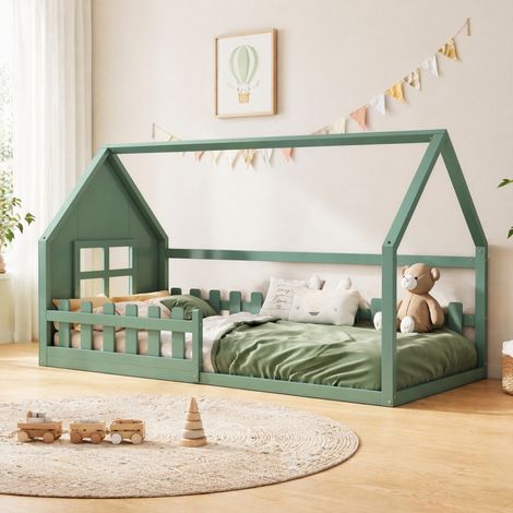 Lit cabane 90x200 cm vert – avec barrières, sans matelas (1/5)