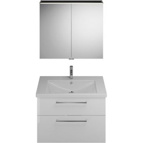 Burgbad Eqio Badmöbel-Set, mit Keramikwaschtisch + Unterschrank und Spiegelschrank, mit Stangengriff Frassino Dekor Cappuccino/Alpinweiss 93 cm