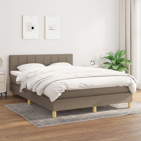 Lit sommier à lattes taupe 140x190 cm avec matelas ressorts ensachés et surmatelas, tête de lit réglable, tissu (1/5)