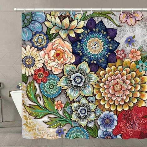 Shower Curtain – Multicolored Flowers – Natural Art – 180 x 200 cm – Washable – Anti-Mold – Waterproof – with 12 Rings – Red, Yellow, Blue, Green MUMU (1/3)