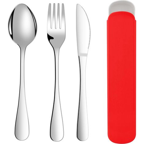 Set de couverts 3 pièces avec étui : fourchette, couteau, cuillère, acier inoxydable, lavable au lave-vaisselle, pour voyage et camp (1/5)