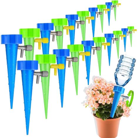 Kit di irrigazione a goccia da 20 pezzi – flacone con valvola di controllo – per piante da interno ed esterno – blu e verde (1/5)