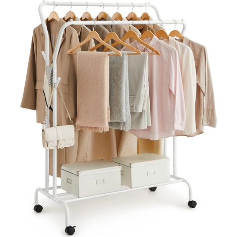 Portant à Vêtements avec Roulettes, Double Barre, Porte-manteau, en Acier, Charge 100 kg, Largeur de 103,5 cm, Rangement Polyvalent, Blanc
