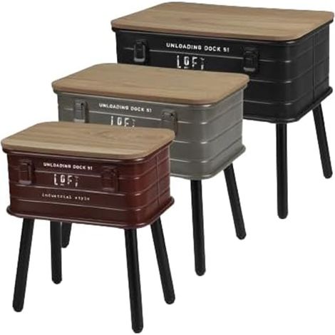 5Five Simply Smart – Set de 3 tables en bois et métal – Caisse vintage – Dimensions L 46,5/39,5/32 x P 31/26,5/21 x H 40,5/38/36 cm – Multicolore (1/2)
