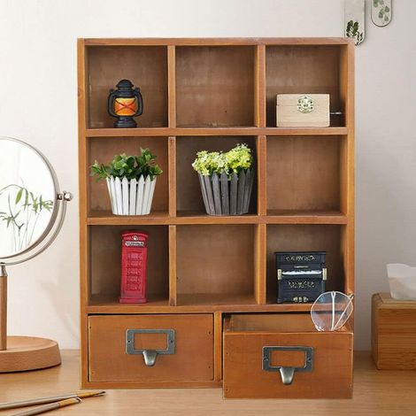 9 Fächer Setzkasten, Holz Schublade Organizer Holzregal Bücherregal Desktop Storage Cabinet Standregal Aufbewahrungsregal mit 2 Schubladen Für Home Office Desk Organisation 33,3 X 10 X 42,5cm