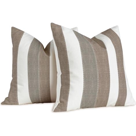 Lot de 2 Housses de Coussins Rayures Blanc 40x40cm Marron Taupe Moderne Housse Coussin Decoratif Canapé Taie d'oreiller Vintage Lin Decoration pour Jardin Extérieur Maison Chambre Salon (1/5)